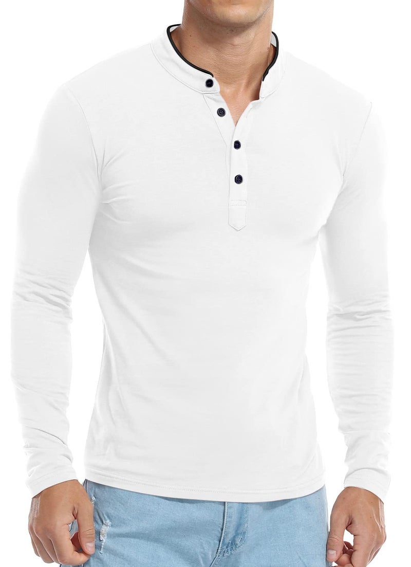 KUYIGO Men's Casual Slim Fit Shirts Long Sleeve Polo Shirt Mandarin Collared T-Shirts White Large - Image 3